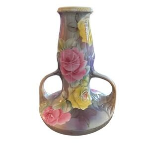 Vintage Hand Painted Double Handle Vase With Pink And Yellow Flowers NICE